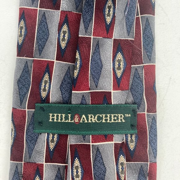 Hill Archer Gray Red Patterned All Silk Neck Tie - Picture 4 of 4